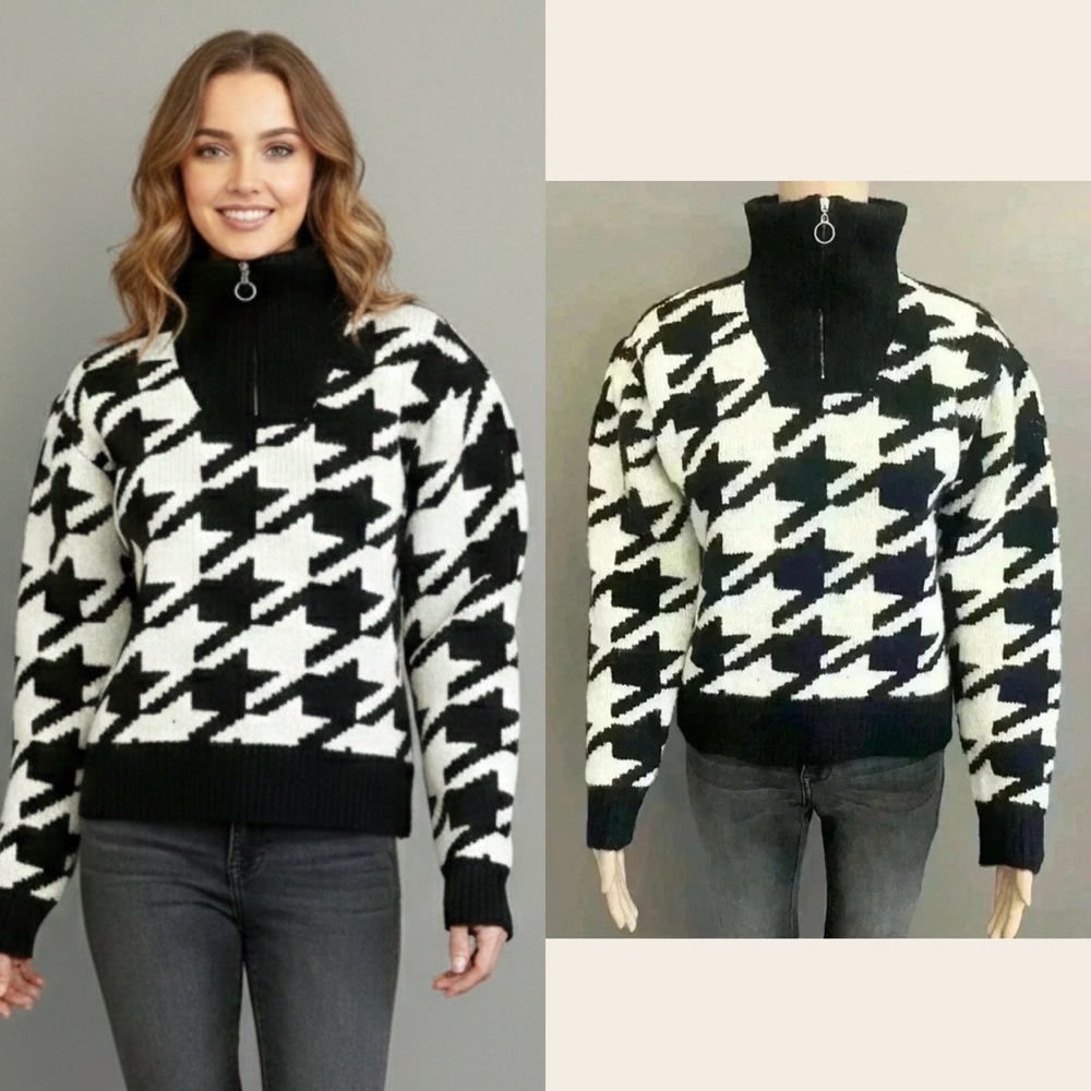 Houndstooth Turtle Neck Black & White Sweater Jumper with Zip Up Collar.